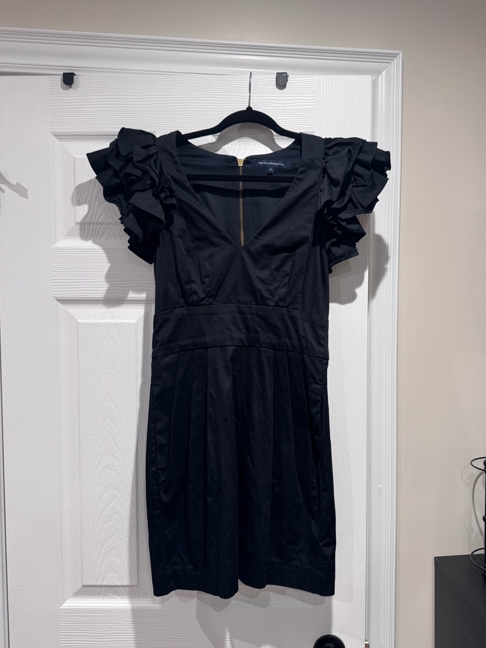 French Connection Black Ruffle Sleeve V-Neck Mini Dress